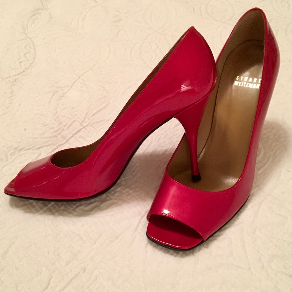 WORN ONCE Stuart Weiztman Candy Apple Red Peep Toe Pumps